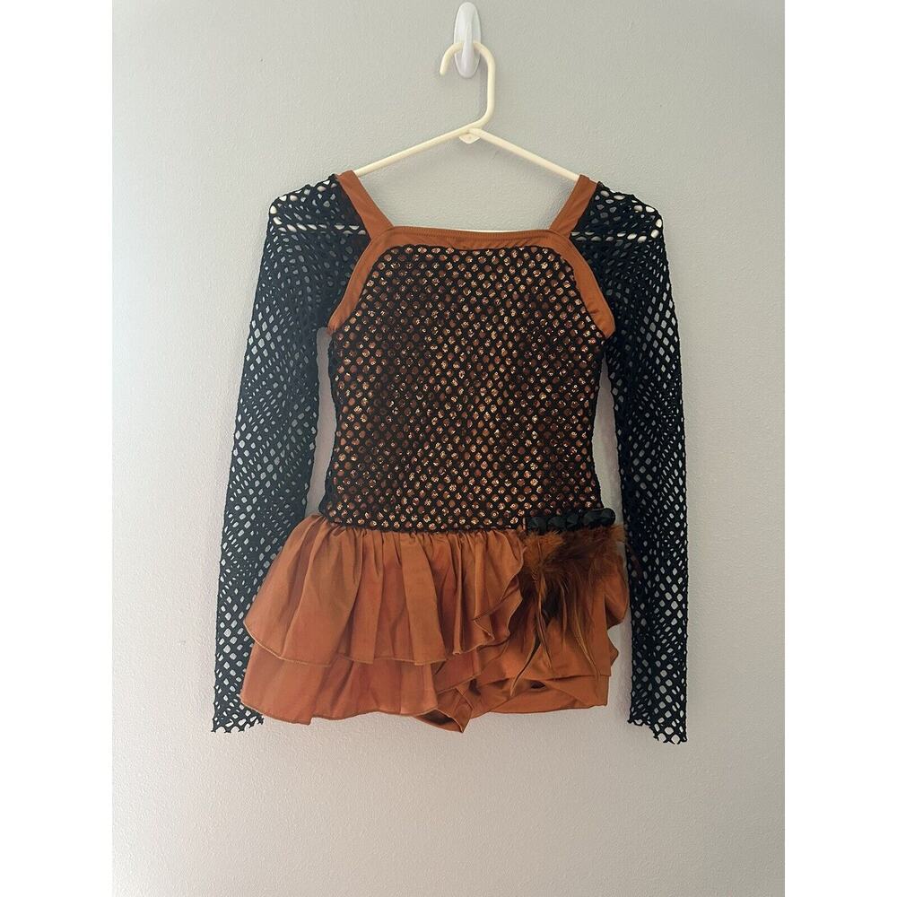 Weissman Dance Costume Orange Sequence Large Child W/Shorts Feathers Ruffle